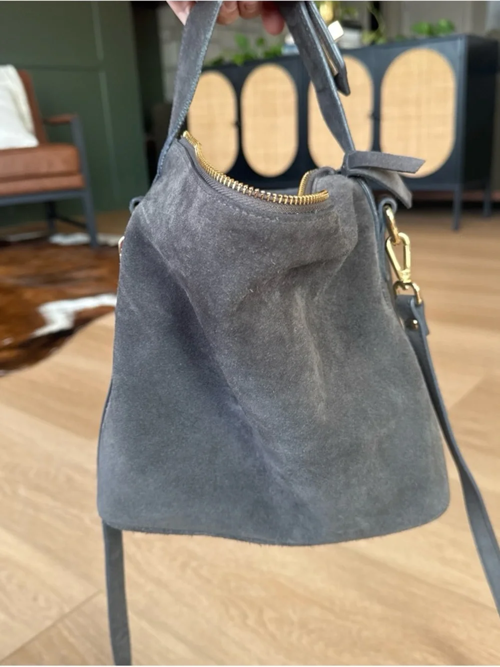 Claudia Firenze Italian Leather- Made in Italy, Gray Suede Crossbody Bucket Bag